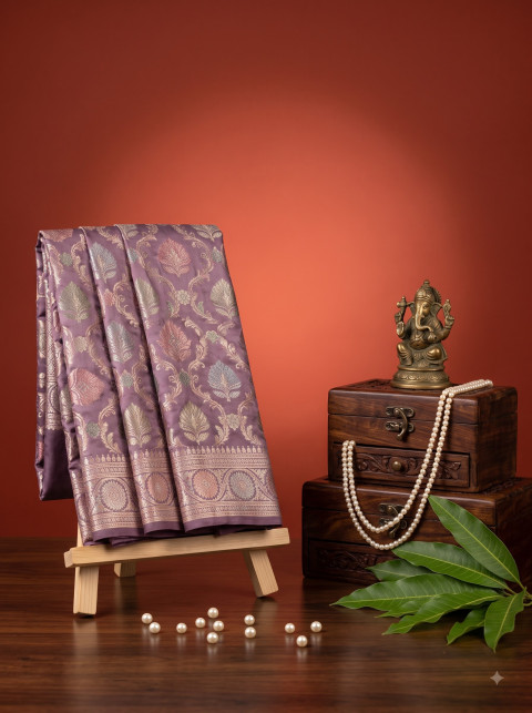 Banarasi Saree AI Commercial Tabletop Product Photography Prompt Wooden Chest And Pearls