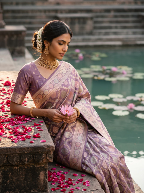 Banarasi Saree AI Destination Fashion Photography Prompt Lotus Temple Stepwell