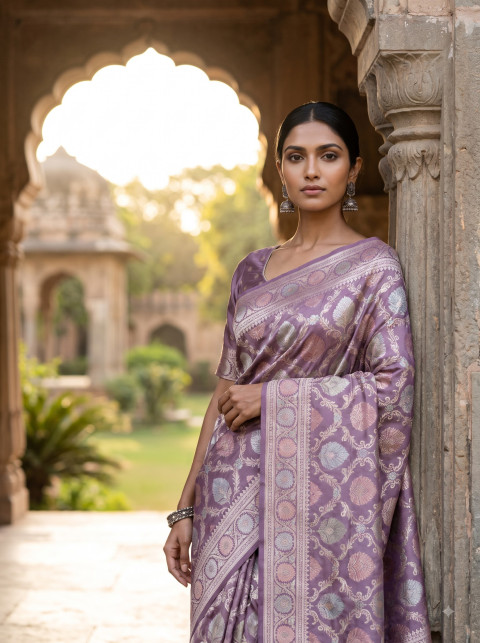 Banarasi Saree AI Editorial Fashion Product Photography Prompt Courtyard Heritage Arch