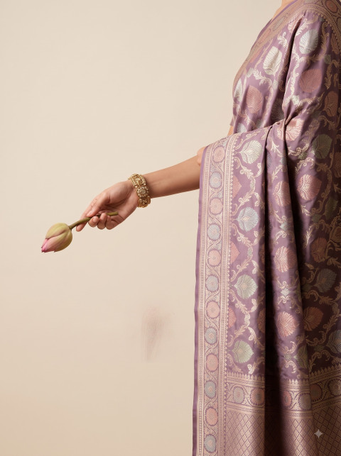 Banarasi Saree AI Minimalist Studio Product Photography Prompt Holding Lotus Bud