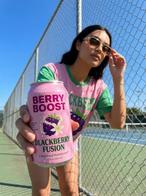 Beverage Can Close Up with Model on Tennis Court