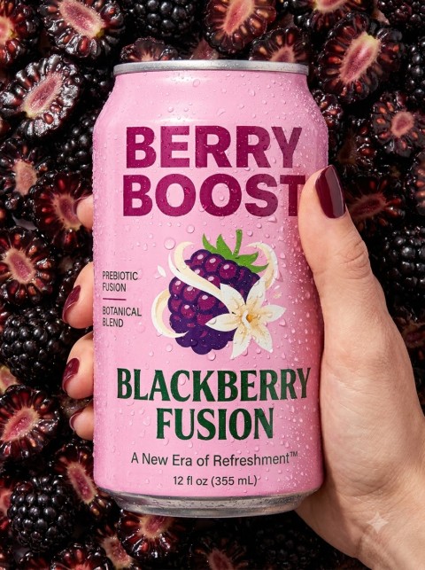 Beverage Can in Hand Over Blackberry Fruit Flat Lay