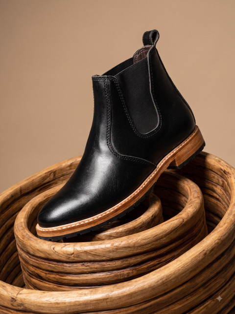 Black Chelsea Boot in Bentwood Hoops Studio Packshot