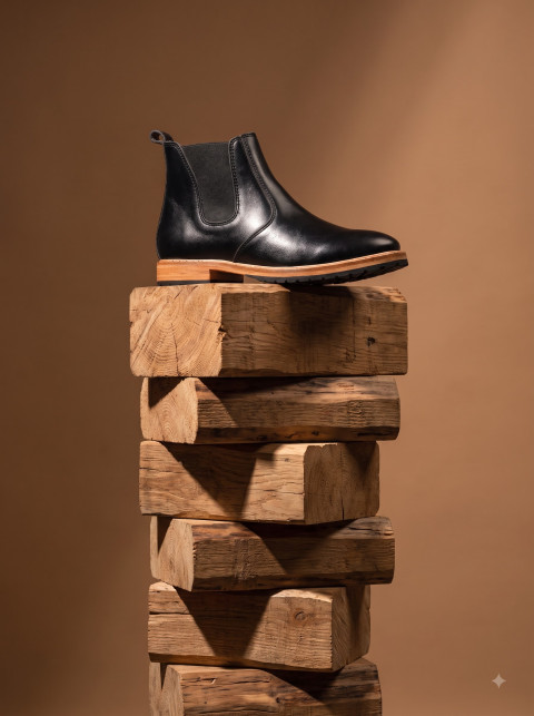 Black Chelsea Boot on Stacked Timber Pedestal