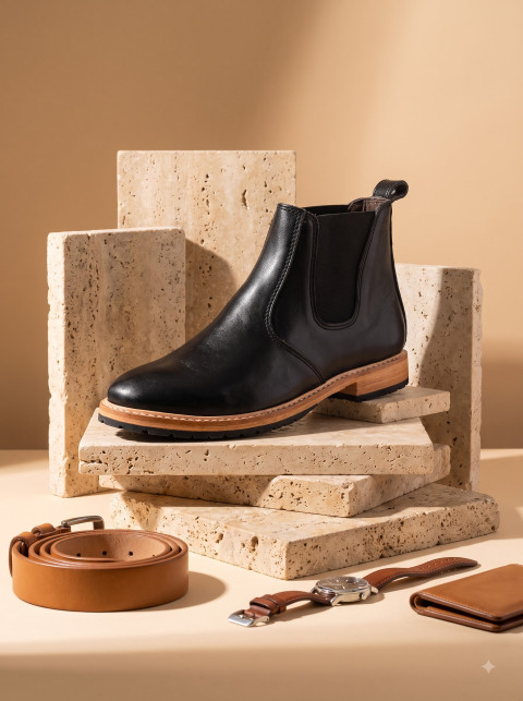 Black Chelsea Boot on Travertine Stone with Accessories