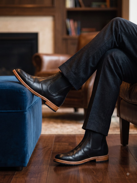 Black Chelsea Boots on Seated Model in Living Room