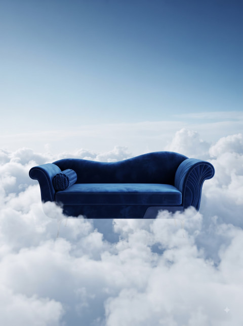 Blue Velvet Sofa Floating on Clouds