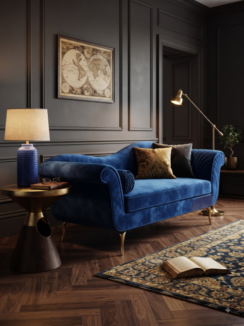 Blue Velvet Sofa in Moody Study