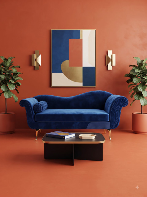 Blue Velvet Sofa on Terracotta Wall with Art