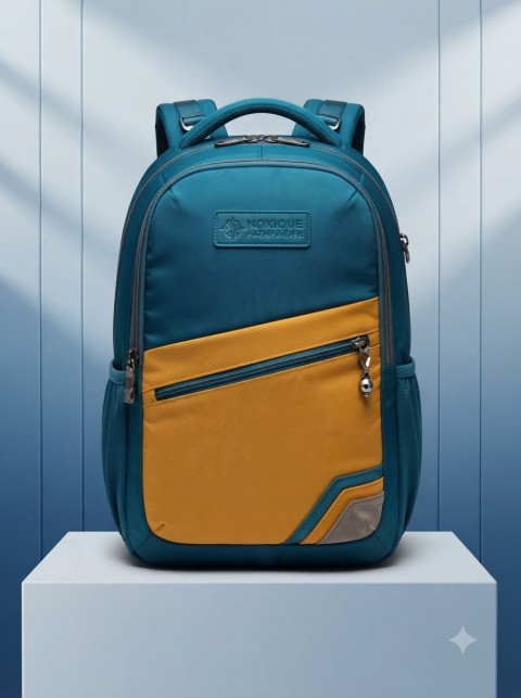 Blue Yellow Backpack Hero Packshot on White Podium