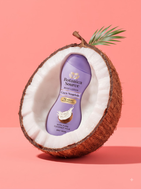 Body Lotion AI Product Photography Prompt Coconut Shell Framing