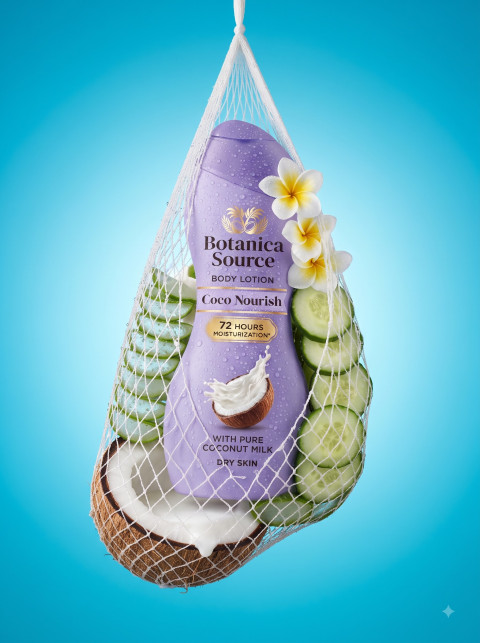 Body Lotion AI Product Photography Prompt Floating Mesh Bag Concept