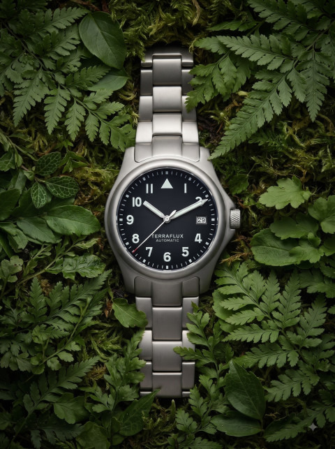 Botanical Flat Lay Product Photography Prompt Automatic Watch Embedded in Forest Ferns