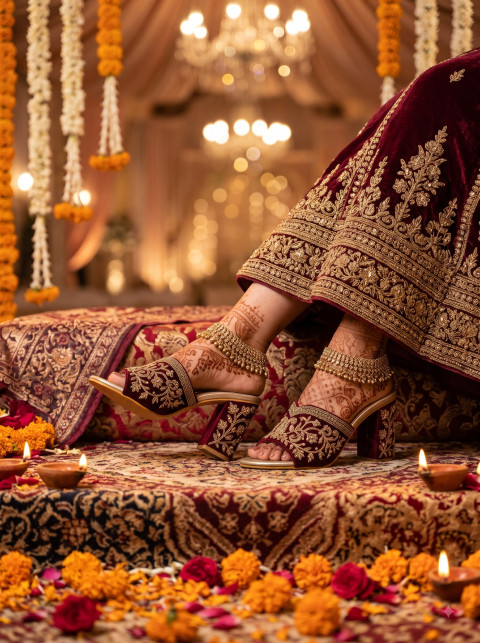 Bridal Heels AI Campaign Product Photography Prompt Chandelier Mandap Setting
