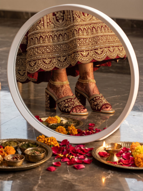Bridal Heels AI Conceptual Product Photography Prompt Circular Vanity Mirror Shot