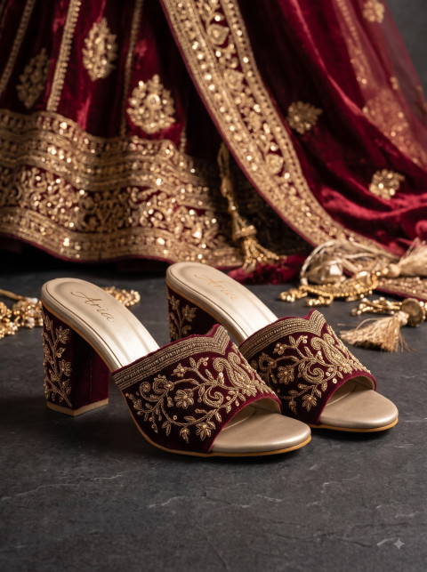 Bridal Heels AI Studio Product Photography Prompt Ornate Velvet Lehenga Backdrop