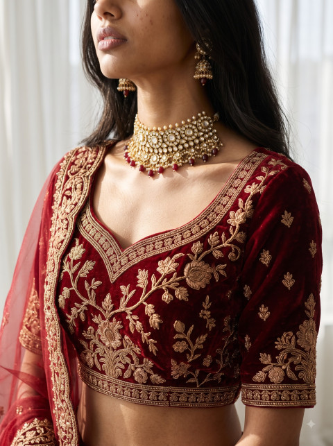 AI Maroon Velvet Bridal Lehenga Photography Prompts - Angle 2