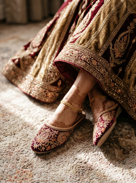 AI Ethnic Velvet Footwear Photography Prompts & Maroon Embellished Jutti Studio Collection - Primary Shot
