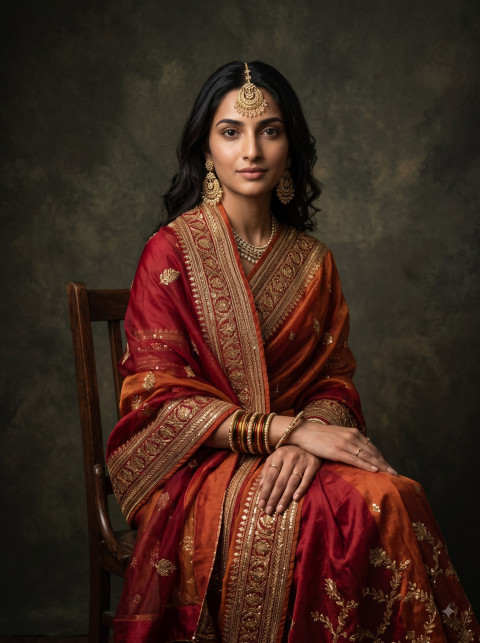 Bridal Portrait AI Product Photography Prompt Seated Royal Heritage Sari