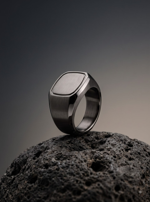 Dark Titanium Signet Ring Minimalist Studio & Lifestyle Photography Prompts - Primary Shot