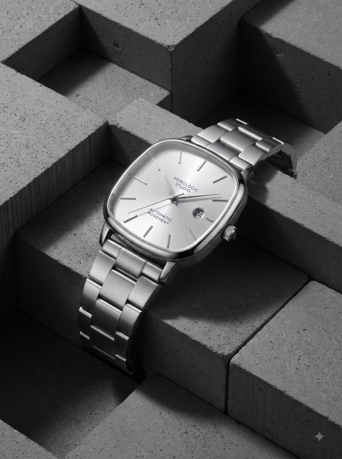 Brutalist Architecture Watch AI Creative Still Life Product Photography Prompt Concrete Blocks