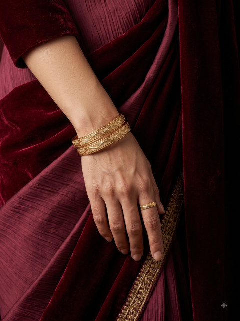 Burgundy Velvet Drape Hand Ring Gold Bangles Editorial Product Photography Prompt