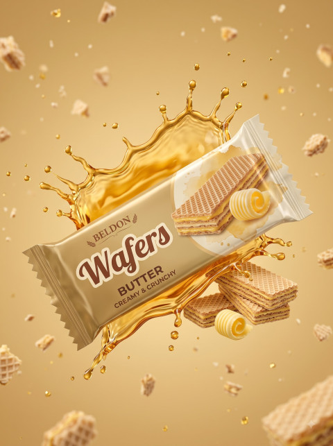 Butter Wafer Action Commercial Product Photography Prompt Golden Liquid Splash