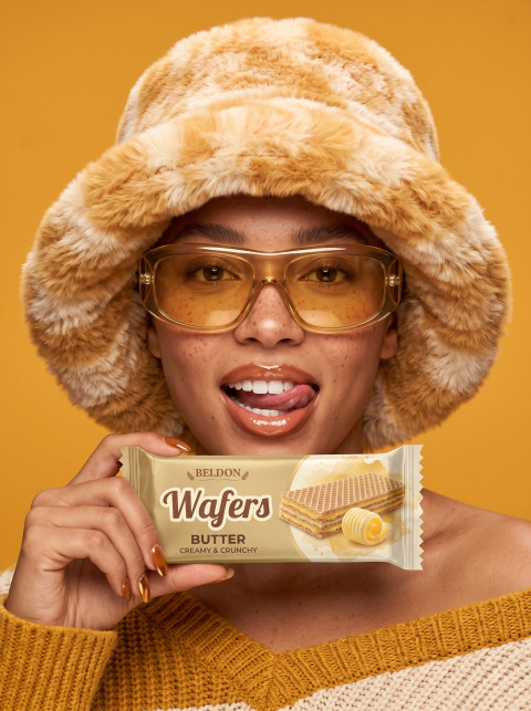 Butter Wafer Commercial Portrait Product Photography Prompt Fluffy Hat Model