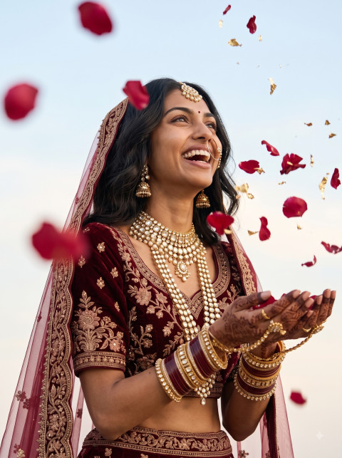 AI Maroon Velvet Bridal Lehenga Photography Prompts - Angle 3