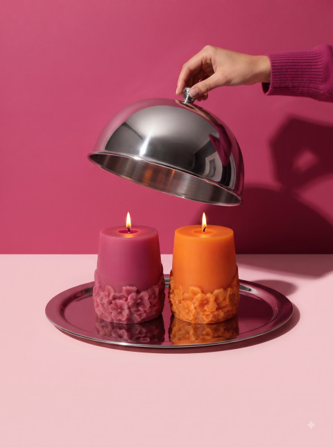 AI Pillar Candle Duo Photography Prompts: Floral Embossed Wax Styles - Angle 2