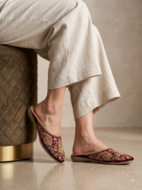 AI Ethnic Velvet Footwear Photography Prompts & Maroon Embellished Jutti Studio Collection - Angle 2