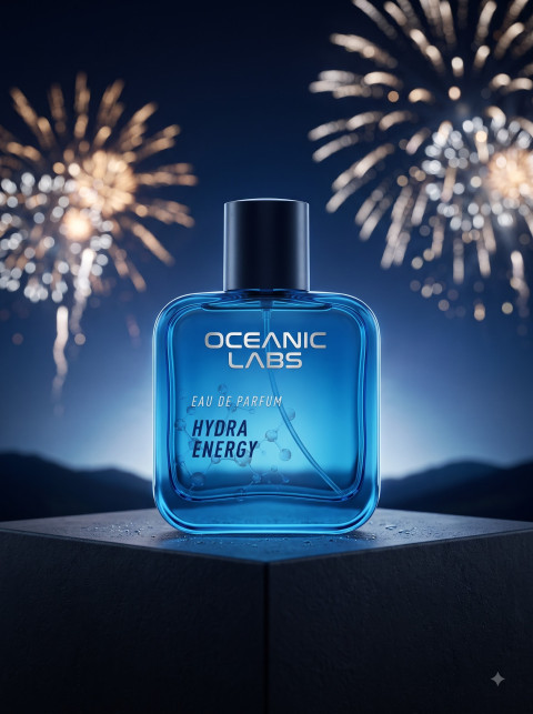 Celebration Night Campaign Product Photography Prompt Blue Fragrance with Festive Fireworks