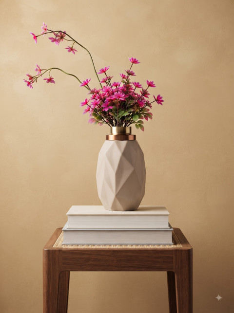 Ceramic Floral Vase on Stacked Books Studio Product Photography Prompt