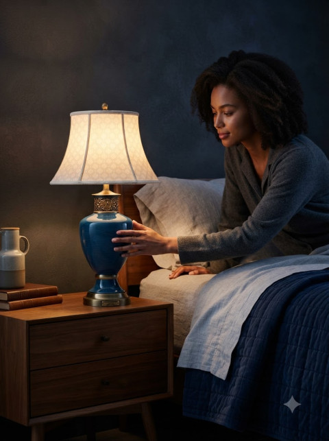 Ceramic Table Lamp Bedroom Lifestyle Shot with Hand