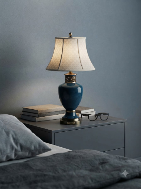 Ceramic Table Lamp Bedside Night Shot on Dresser