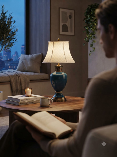 Ceramic Table Lamp Living Room Evening Mood Shot