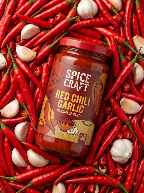 Chili Garlic Paste Jar on Fresh Pepper Flat Lay