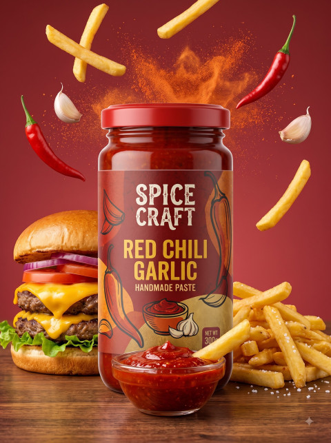 Chili Garlic Paste Jar With Burger and Fries Splash