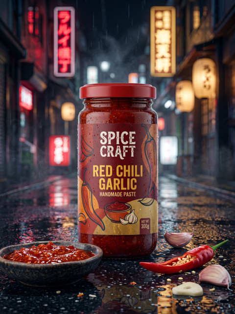 Chili Paste Jar on Wet Night Street Pavement