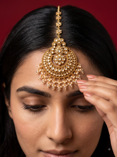 Clean Beauty AI Product Photography Prompt Model Adjusting Maang Tikka