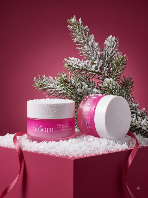 Clean Duo AI Product Photography Prompt Christmas Moisturizer Snow Pedestal