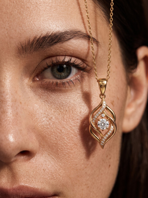 Close-Up Eye and Dangling Gold Pendant Jewelry Photography Prompt 