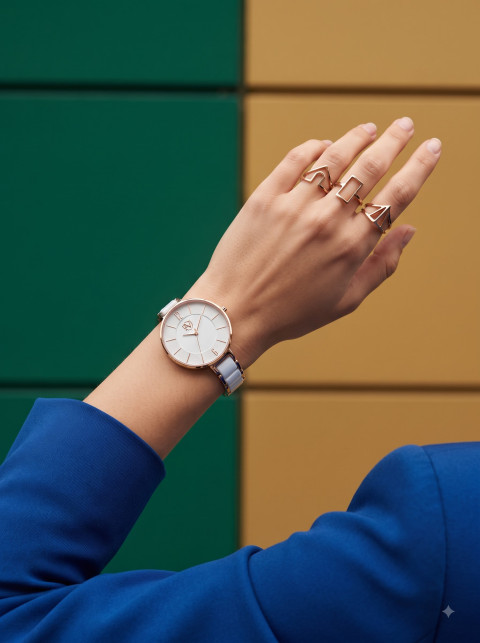 Colorblock Fashion Editorial Product Photography Prompt Women's Watch and Geometric Rings