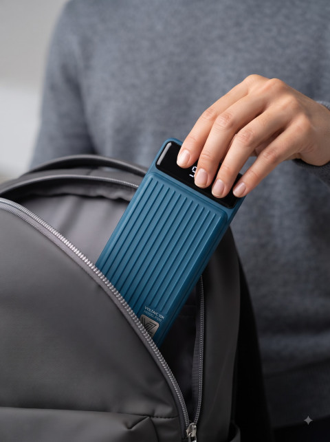 Commercial Action Product Photography Prompt Female Model Packing Power Bank in Backpack