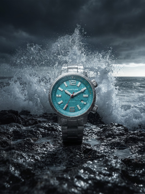 Commercial Product Photography Prompt Dive Watch Weathering Ocean Surf Waves
