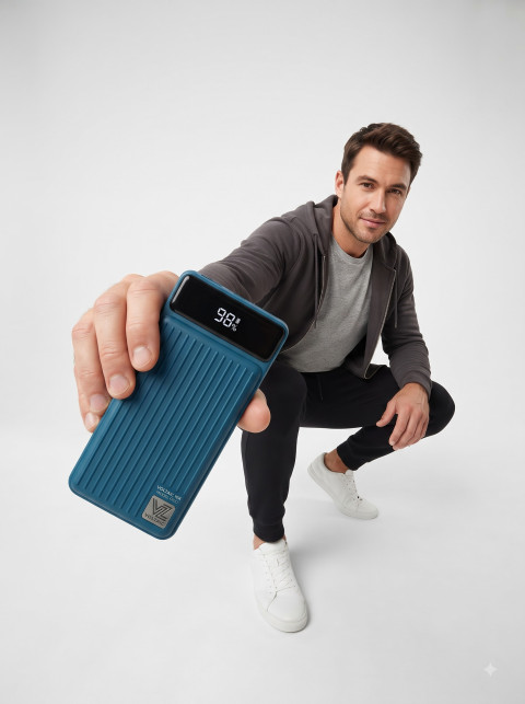 Commercial Studio Campaign Photography Prompt Crouching Male Model Presenting Power Bank