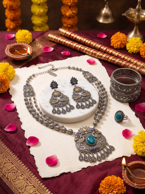 Complete Navaratri Silver Jewelry Set AI Product Photography Prompt Top-Down Grid Flat Lay