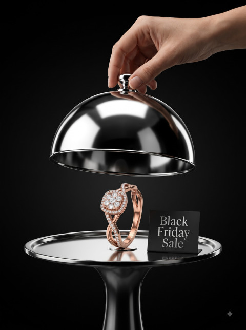Conceptual Luxury AI Product Photography Prompt Black Friday Diamond Ring Silver Cloche 