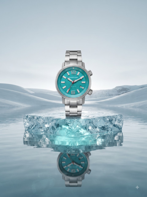 Conceptual Product Photography Prompt Steel Watch on Floating Arctic Ice