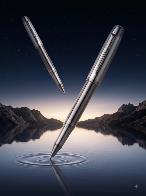 Conceptual Surrealist Product Photography Prompt Floating Rollerball Pens Over Alpine Lake